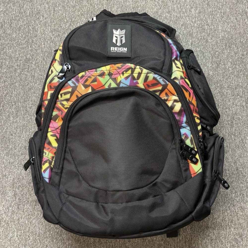 REIGN Total Body Fuel Backpack Black w/ Colorful Graffiti Accents‎ Multi Pocket